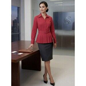 Studio Blouse Red Long-Sleeve Belt Pleated Hem– Professional Peplum Style Size M